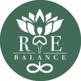 Rebalance green circular logo with a lotus flower icon - Massage therapy and holistic wellness company